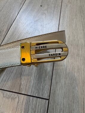 Pierre Cardin Cream Leather Belt with Gold-Tone Branded Buckle